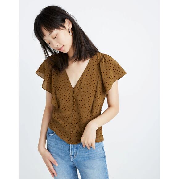 Madewell Silk Carmelina Olive Green Polka Dot Flutter-Sleeve Washable Top 6 - Picture 1 of 9
